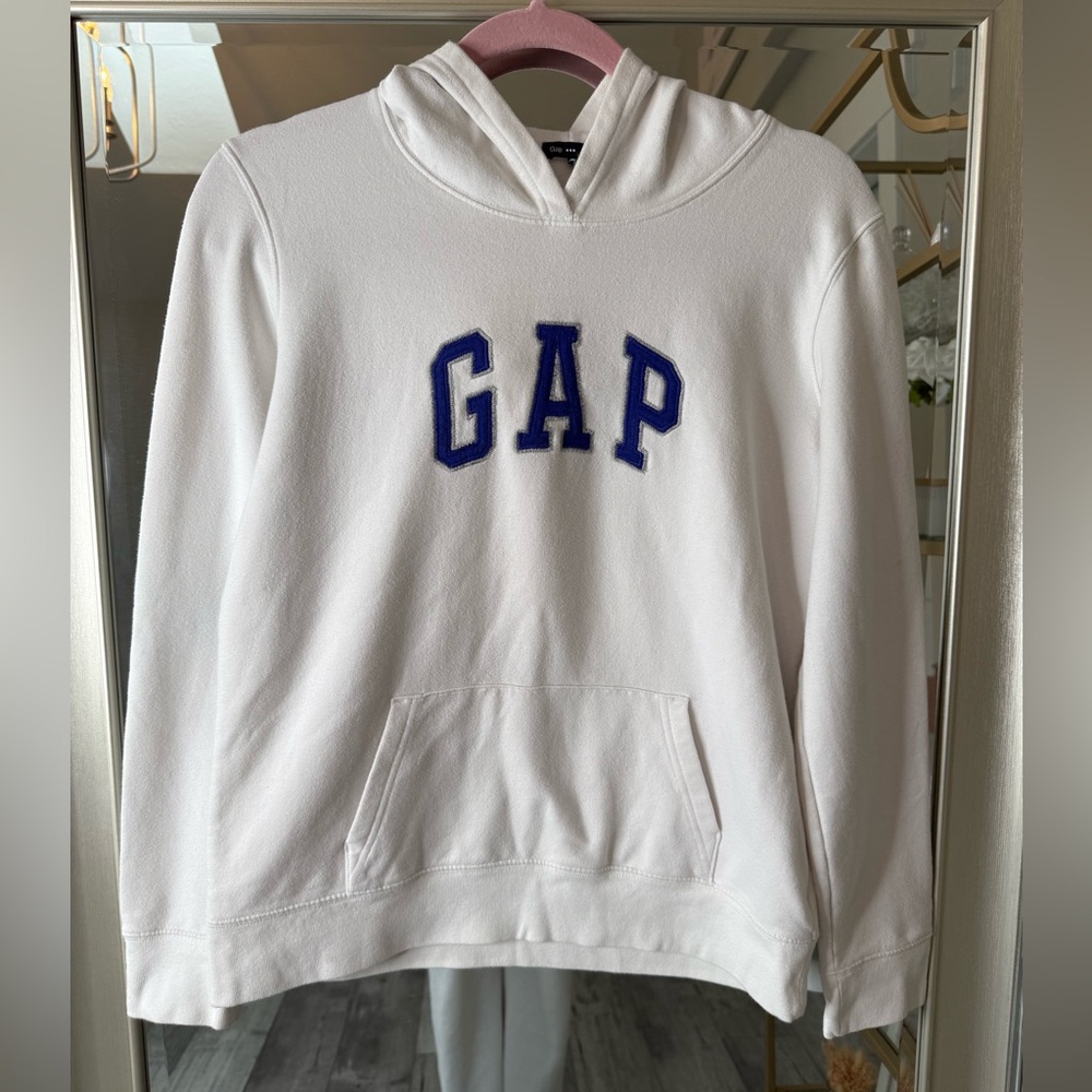 GAP White Hoodie Sweatshirt with Blue Logo | Size Small